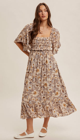 Kendall Floral Ruffle Flutter Midi Dress- Taupe