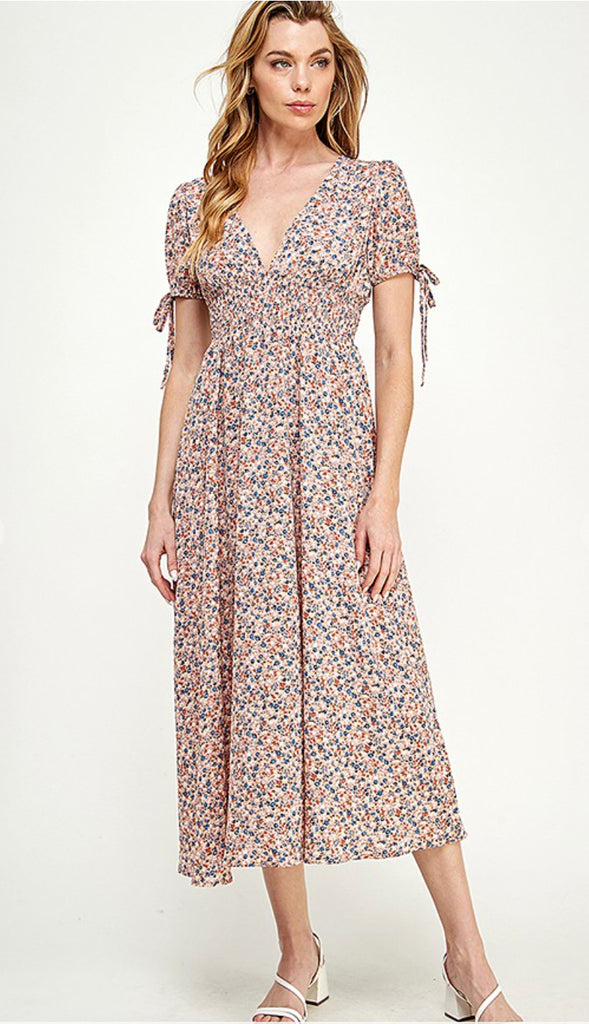 Dahlia Plunging V Neck Floral Midi Dress- Multi