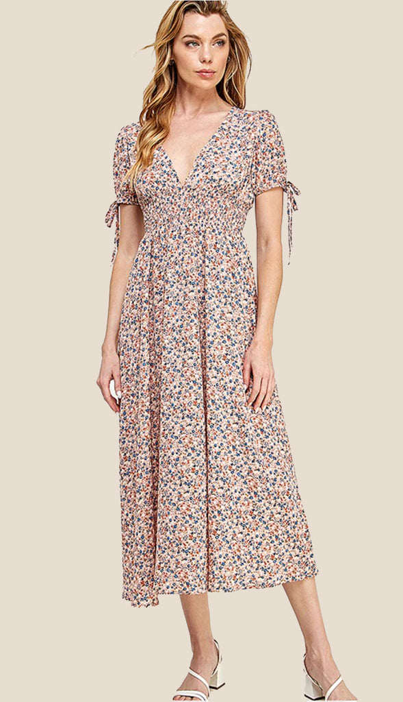 Dahlia Plunging V Neck Floral Midi Dress- Multi