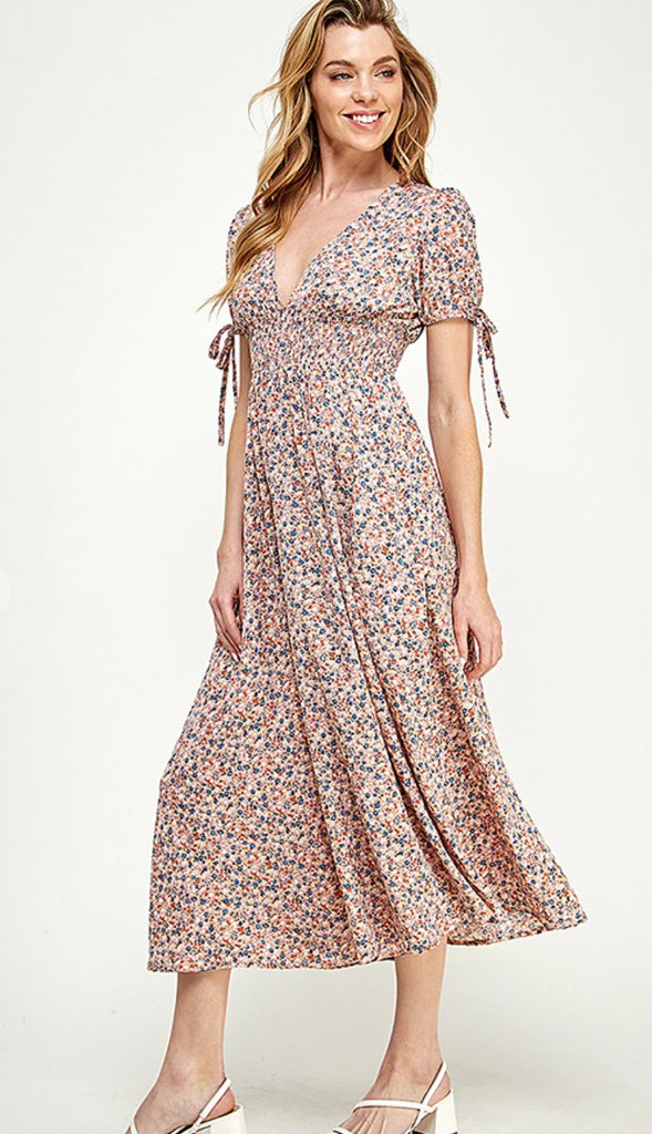 Dahlia Plunging V Neck Floral Midi Dress- Multi