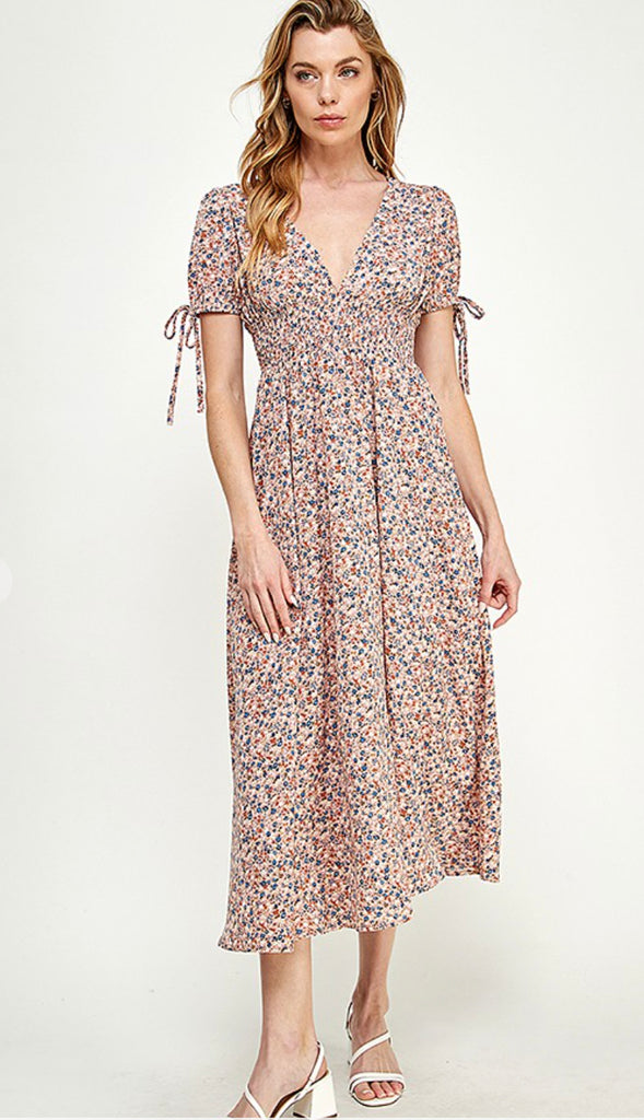Dahlia Plunging V Neck Floral Midi Dress- Multi