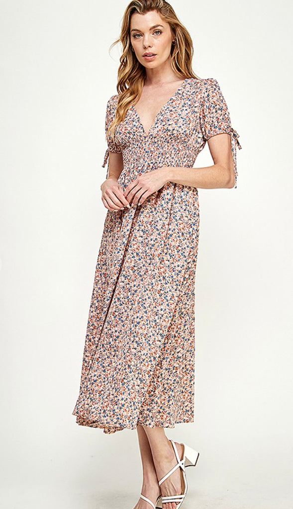 Dahlia Plunging V Neck Floral Midi Dress- Multi