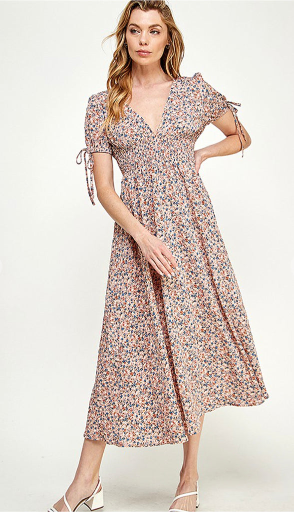 Dahlia Plunging V Neck Floral Midi Dress- Multi
