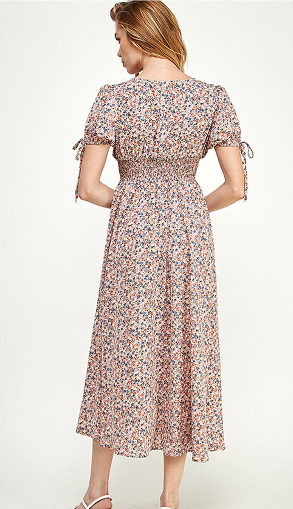 Dahlia Plunging V Neck Floral Midi Dress- Multi