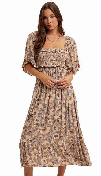 Kendall Floral Ruffle Flutter Midi Dress- Taupe