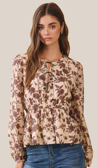 Spring Pretties Floral Lace Up Peplum Top- Beige