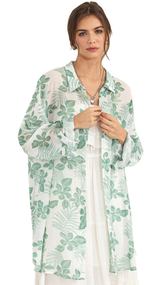 Beach This Way Floral Coverup Shirt- Sage