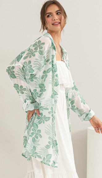 Beach This Way Floral Coverup Shirt- Sage
