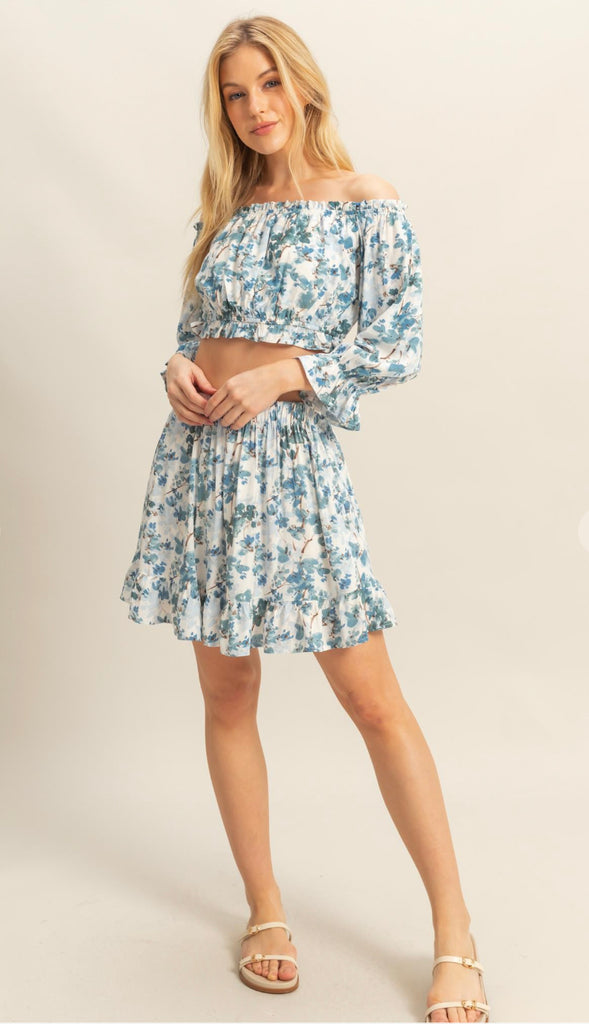 Braya Floral Print Top And Skirt Set- Blue