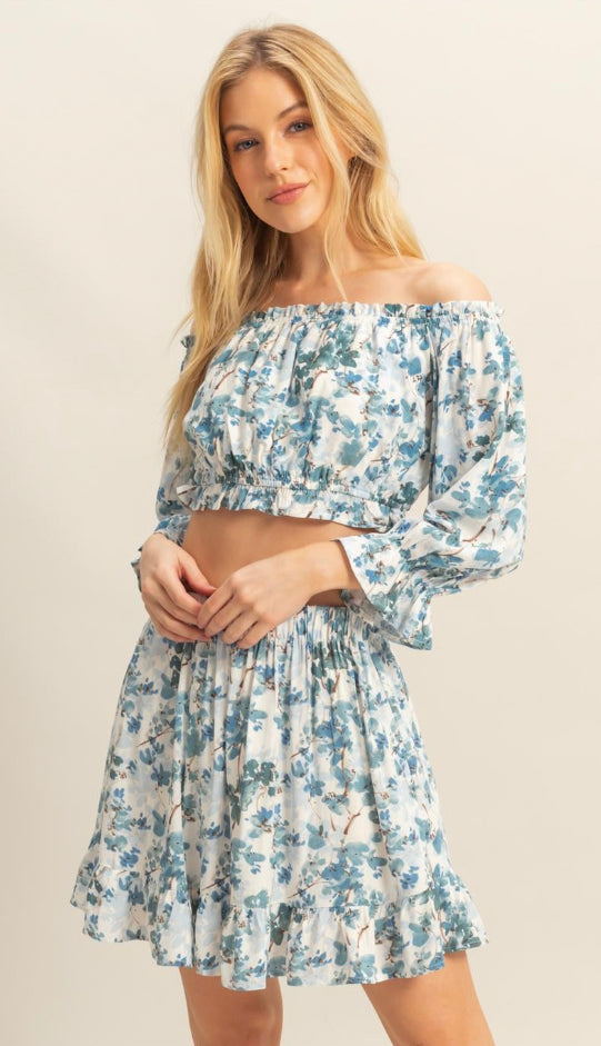 Braya Floral Print Top And Skirt Set- Blue