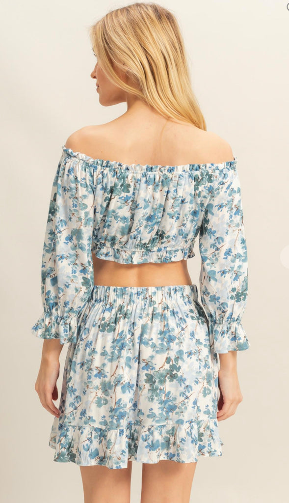 Braya Floral Print Top And Skirt Set- Blue