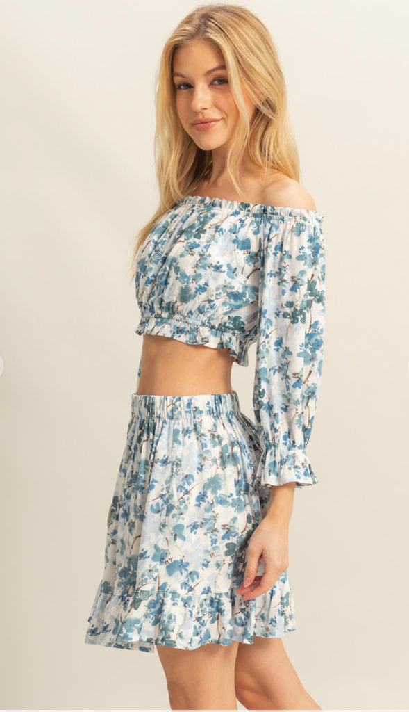 Braya Floral Print Top And Skirt Set- Blue