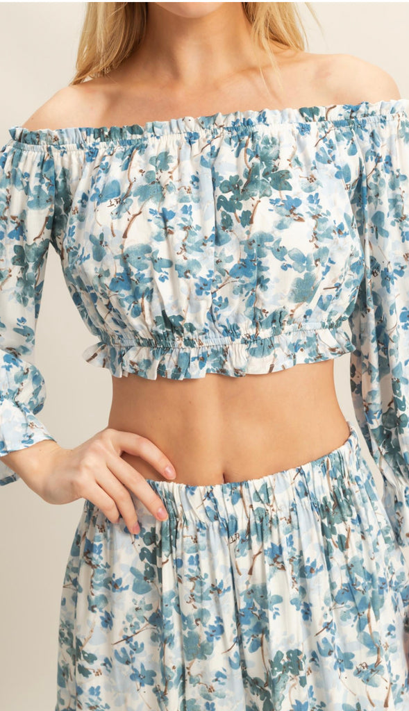 Braya Floral Print Top And Skirt Set- Blue