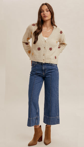 Sasha Ultra Soft Embroidered Sweater Cardigan- Ecru