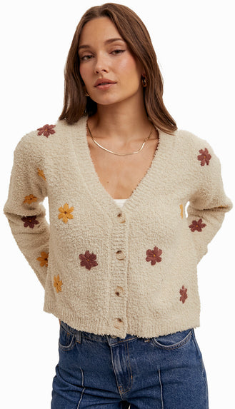 Sasha Ultra Soft Embroidered Sweater Cardigan- Ecru