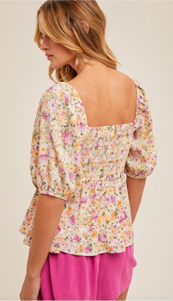 Natalie Floral Bubble Sleeve Peplum Top- Multi