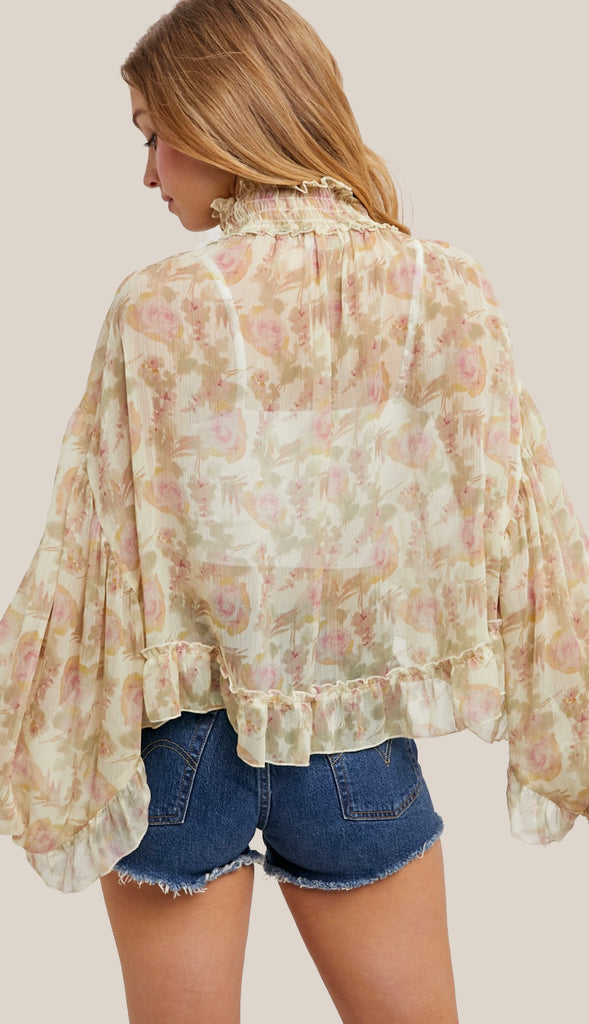 In This Moment Floral Print Chiffon Top- Vanilla