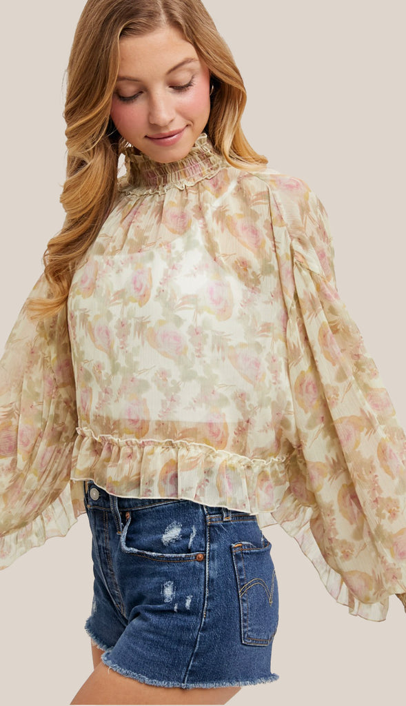 In This Moment Floral Print Chiffon Top- Vanilla