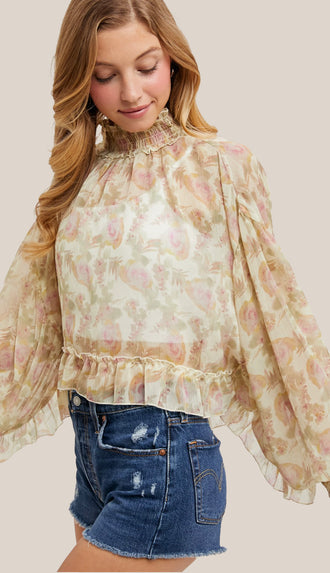 Floral Print Mock Neck Dolman Sleeve Chiffon Top- Vanilla