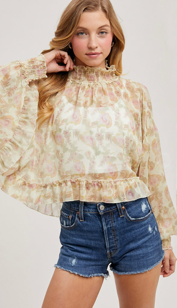 In This Moment Floral Print Chiffon Top- Vanilla