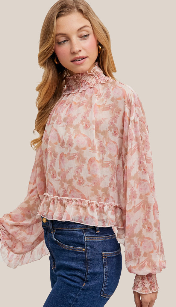 In This Moment Floral Print Chiffon Top- Vanilla