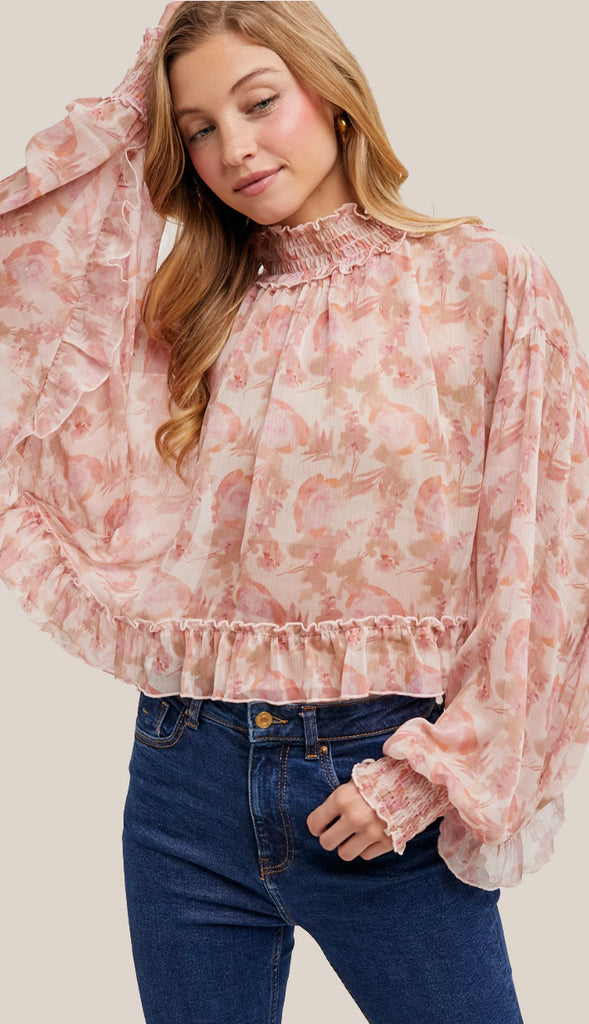 In This Moment Floral Print Chiffon Top- Pink