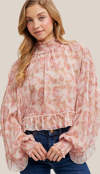 Floral Print Mock Neck Dolman Sleeve Chiffon Top- Pink