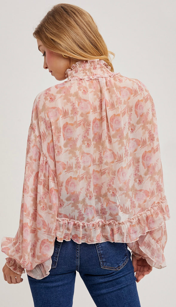 In This Moment Floral Print Chiffon Top- Pink