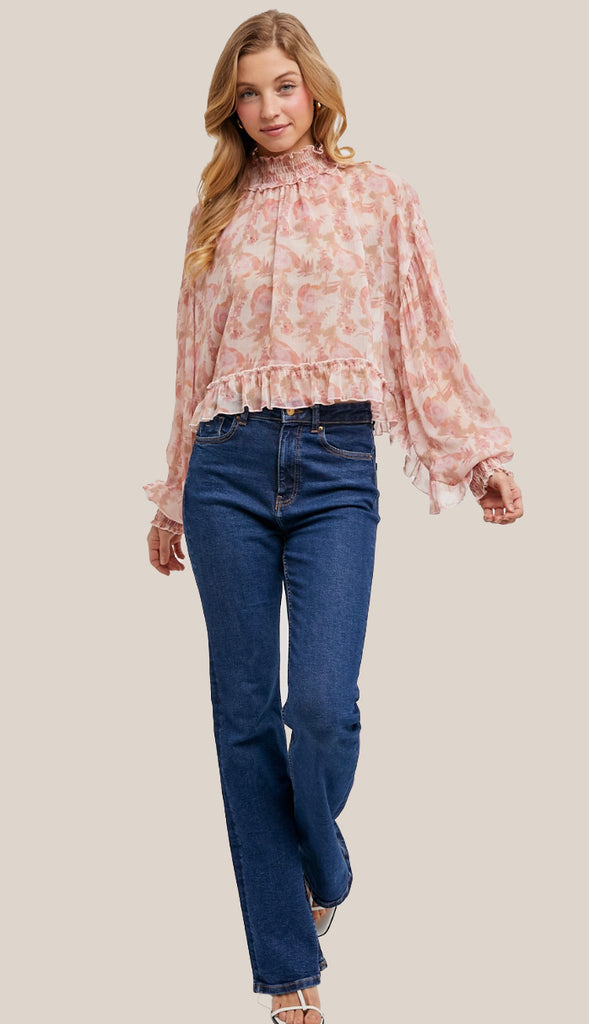 In This Moment Floral Print Chiffon Top- Pink