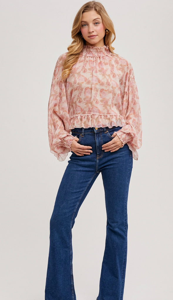 In This Moment Floral Print Chiffon Top- Pink