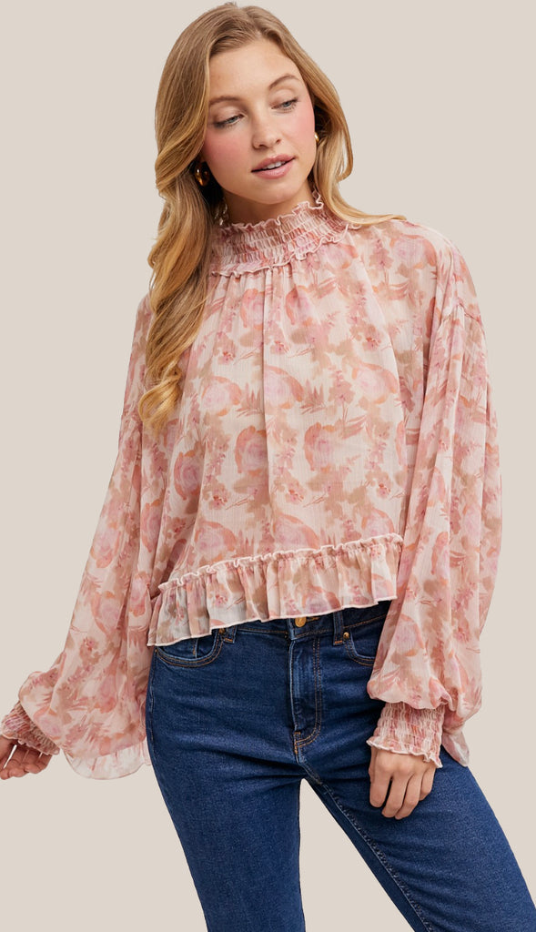 In This Moment Floral Print Chiffon Top- Vanilla