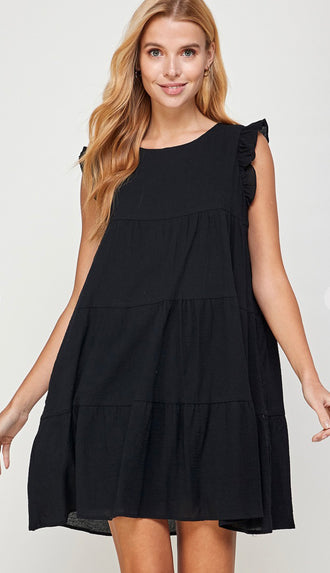 It's Easy Tiered And Ruffle Cap Sleeve Dress- Black