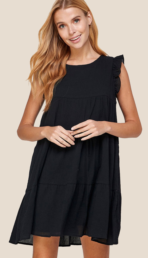 It's Easy Tiered And Ruffle Cap Sleeve Dress- Black
