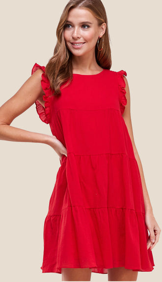 It's Easy Tiered And Ruffled Cap Sleeve Dress- Red