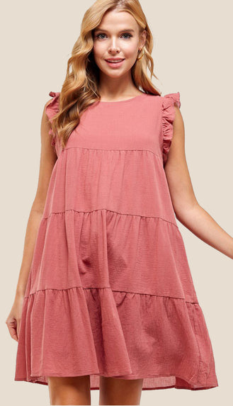 It's Easy Tiered And Ruffled Cap Sleeve Dress- Rose