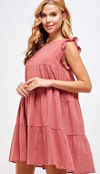 It's Easy Tiered And Ruffled Cap Sleeve Dress- Rose