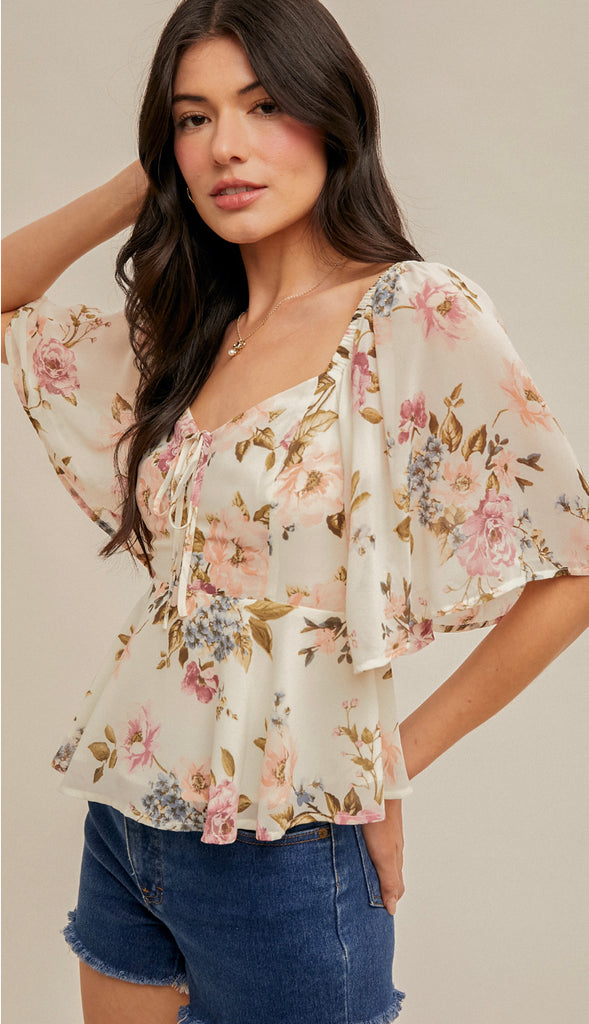 Genevieve Sweetheart Neckline Flutter Sleeve Top- Cream