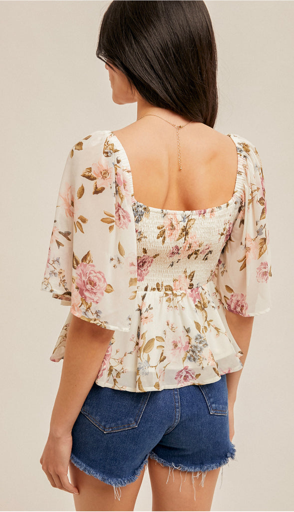 Genevieve Sweetheart Neckline Flutter Sleeve Top- Cream