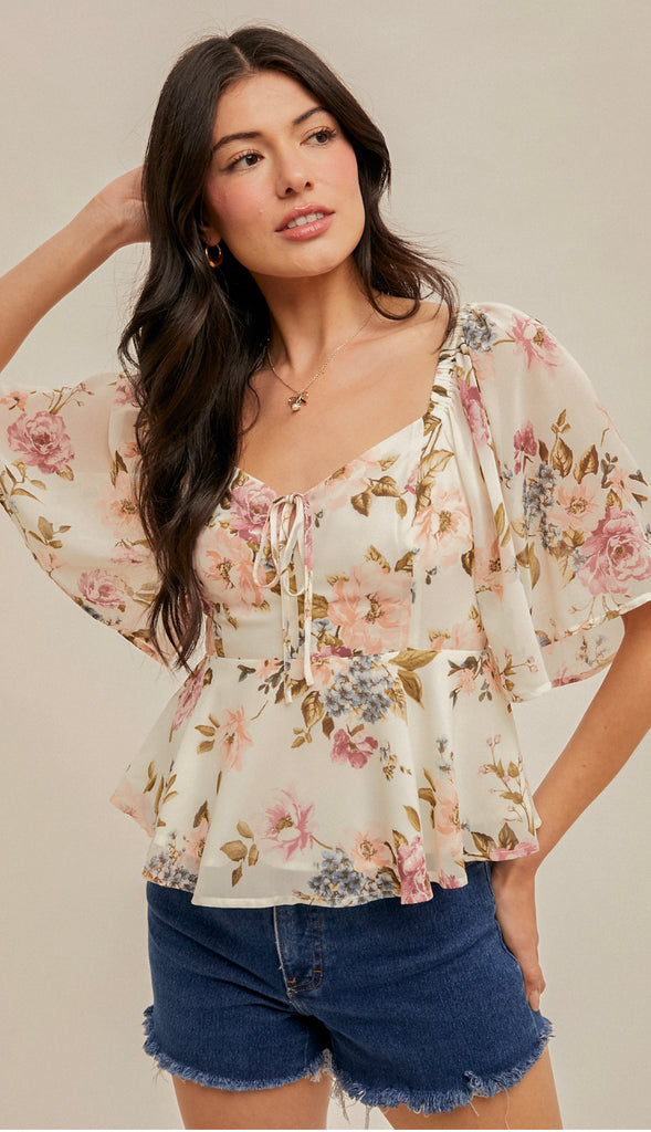 Genevieve Sweetheart Neckline Flutter Sleeve Top- Cream