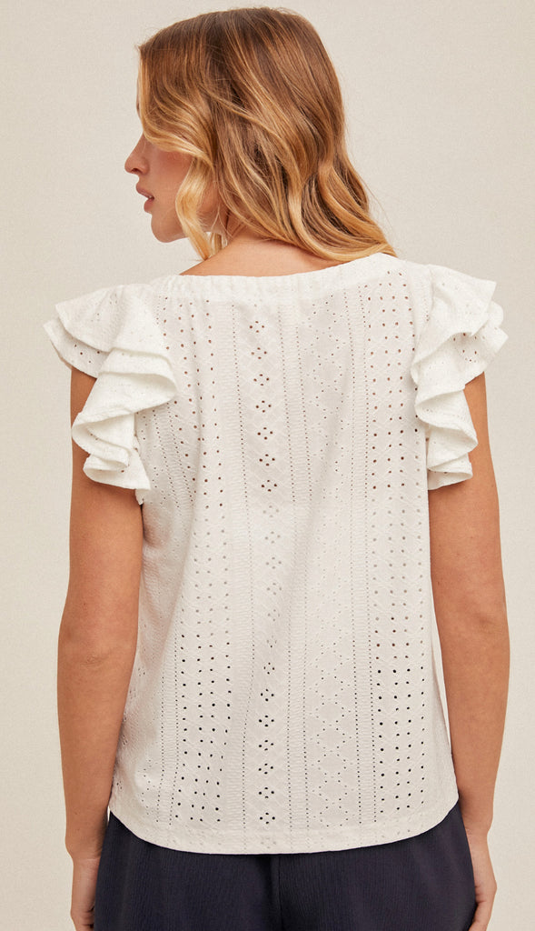 Senna Knit Eyelet Flutter Sleeve Top- Off White