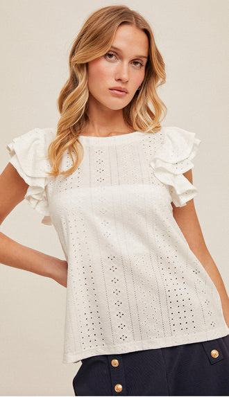 Senna Knit Eyelet Flutter Sleeve Top- Off White