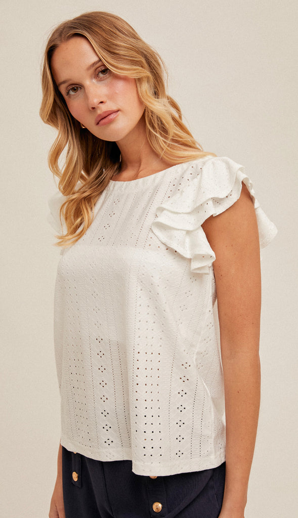 Senna Knit Eyelet Flutter Sleeve Top- Off White