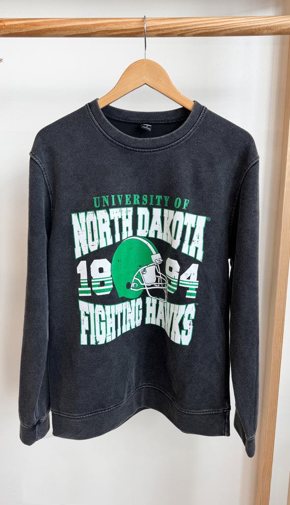 UND Throwback Distressed Crewneck- Faded Black