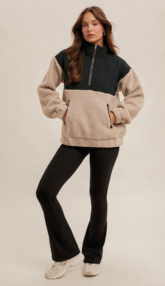 Half Zip Quilted Fuzzy Pullover- Forest/Taupe