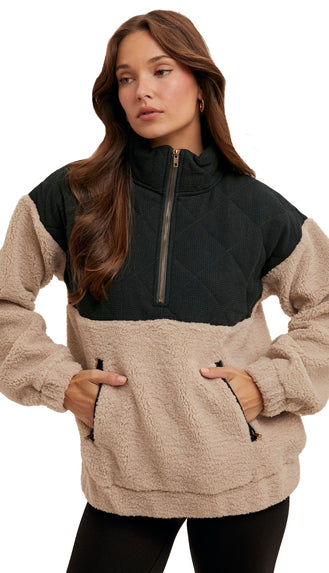 Half Zip Quilted Fuzzy Pullover- Forest/Taupe