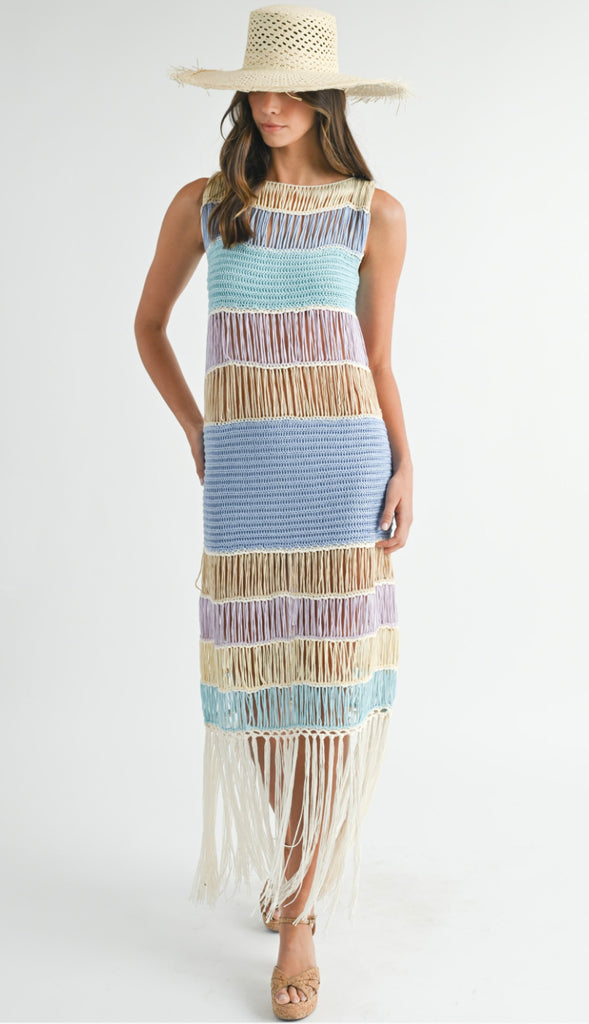 Seaside Oasis Fringe Crochet Dress- Periwinkle Multi