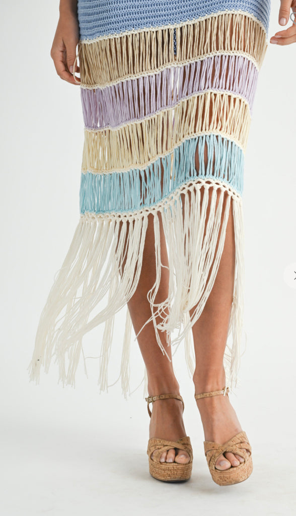 Seaside Oasis Fringe Crochet Dress- Periwinkle Multi