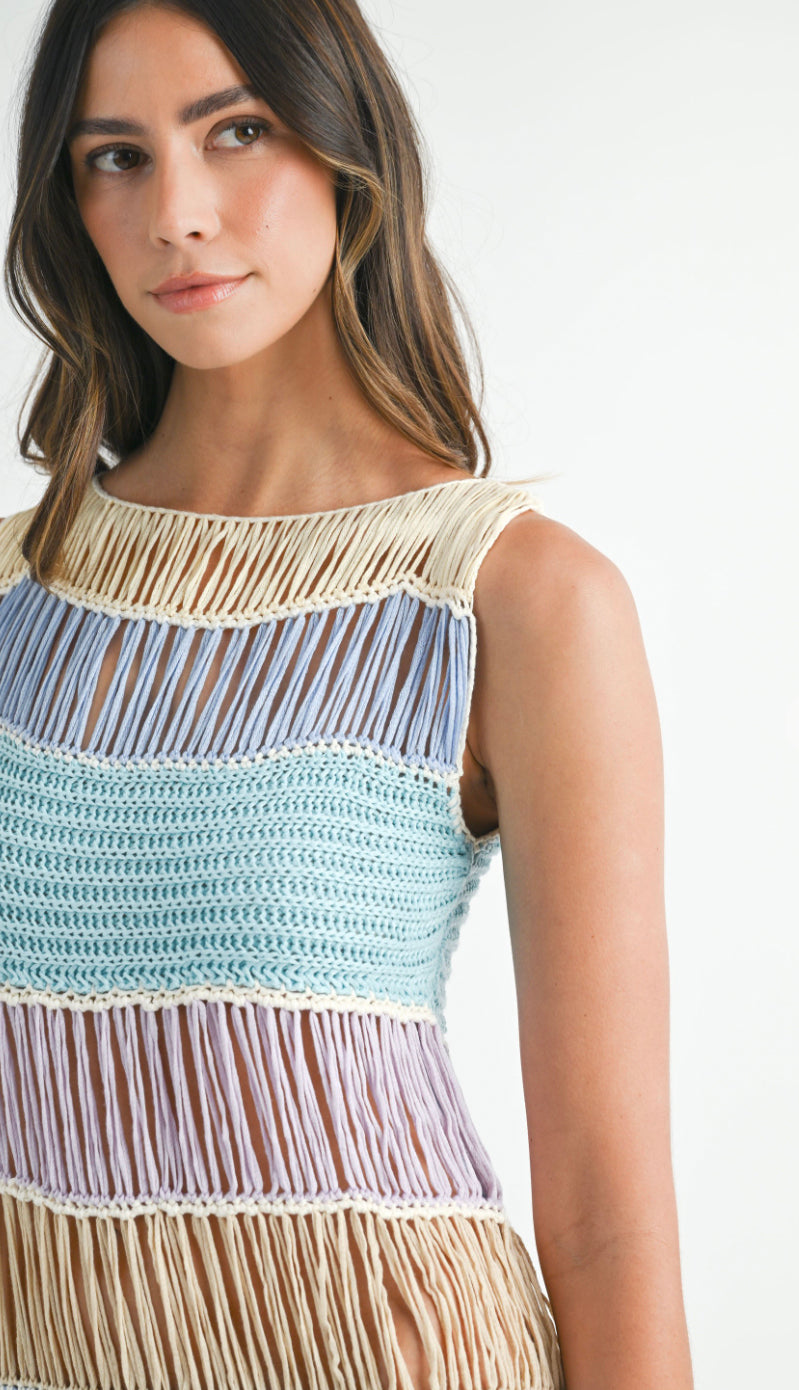Seaside Oasis Fringe Crochet Dress- Periwinkle Multi Seaside Oasis Fringe Crochet Dress- Periwinkle Multi