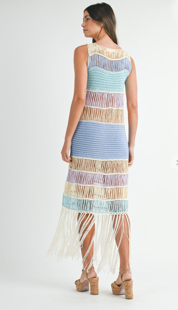 Seaside Oasis Fringe Crochet Dress- Periwinkle Multi