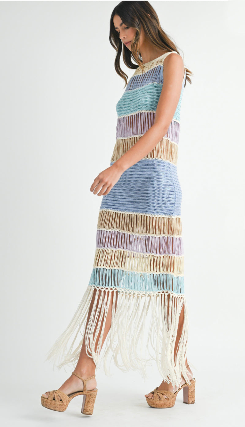 Seaside Oasis Fringe Crochet Dress- Periwinkle Multi Seaside Oasis Fringe Crochet Dress- Periwinkle Multi
